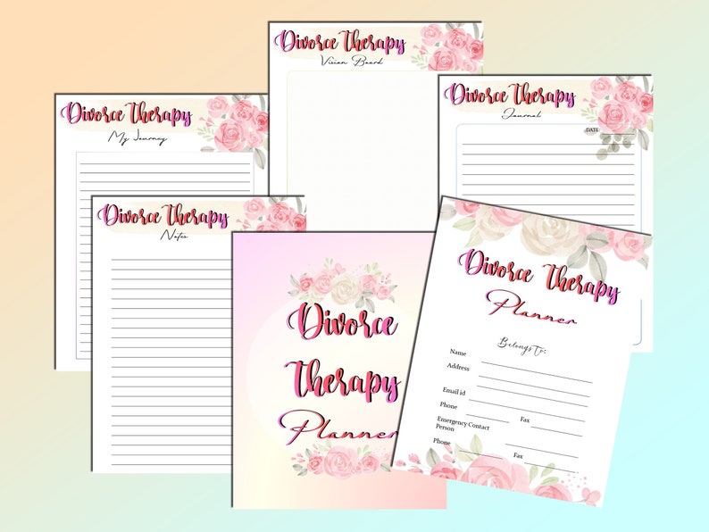 May include: A set of printable planners and journals for divorce therapy. The pages are decorated with pink floral designs. The titles include "Divorce Therapy Vision Board", "Divorce Therapy Journal", "Divorce Therapy Notes", and "Divorce Therapy Planner".