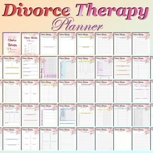 May include: A printable PDF planner for divorce therapy. The planner has a pink floral design and includes pages for journaling, goal setting, and tracking progress. The text "Divorce Therapy Planner" is at the top of the image.