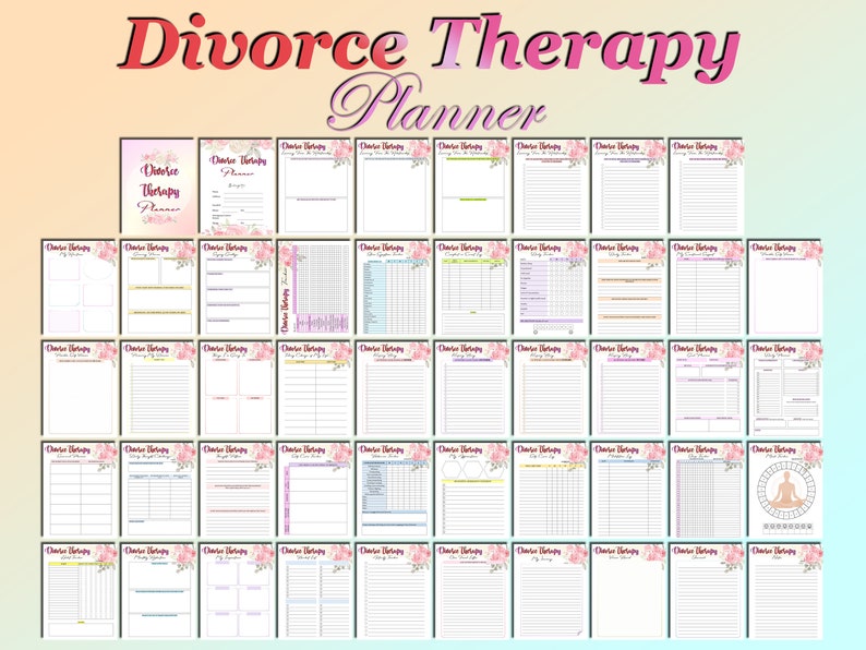 May include: A printable PDF planner for divorce therapy. The planner has a pink floral design and includes pages for journaling, goal setting, and tracking progress. The text "Divorce Therapy Planner" is at the top of the image.