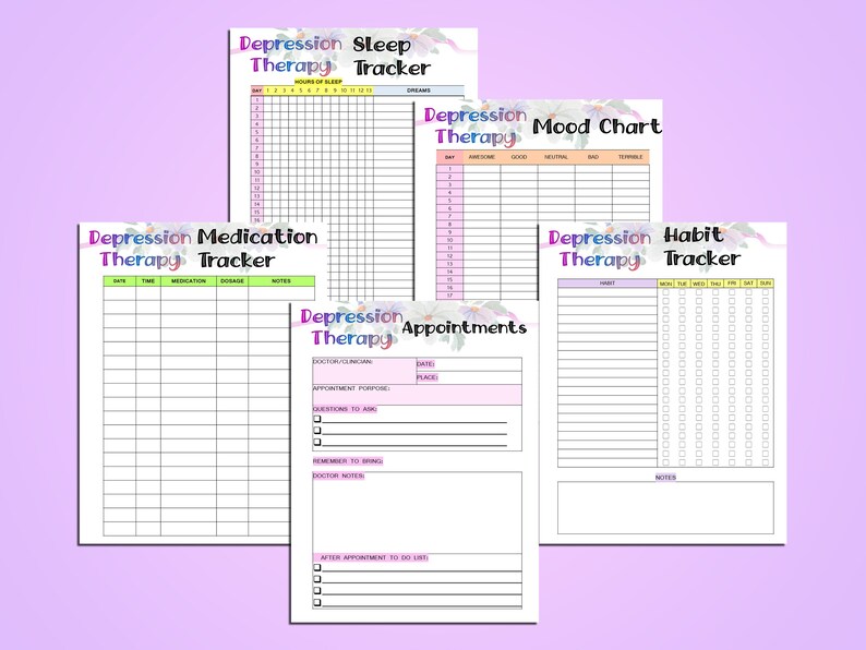 May include: Five printable depression therapy trackers with floral designs. The trackers include sleep, medication, mood, appointments, and habit.