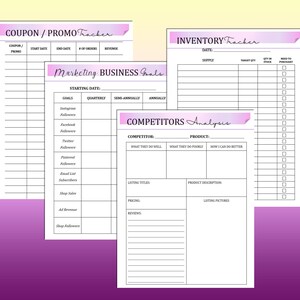 May include: A printable worksheet with three sections: Coupon/Promo Tracker, Inventory Tracker, and Competitors Analysis. The worksheet is designed to help track business goals, inventory, and competitor analysis.