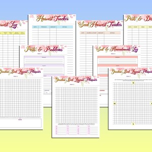 Puede incluir: P&aacute;ginas de planificador de jard&iacute;n imprimibles con dise&ntilde;os florales. Las p&aacute;ginas incluyen secciones para el seguimiento de la cosecha, el seguimiento de la cosecha de semillas, los registros de plagas y enfermedades, los registros de suelo y enmiendas, y la planificaci&oacute;n del dise&ntilde;o de los parterres de jard&iacute;n.