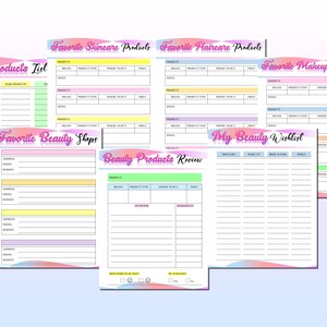 May include: Printable beauty product tracker with sections for favorite skincare, haircare, and makeup products, a list of favorite beauty shops, a beauty product review section, and a beauty wishlist.