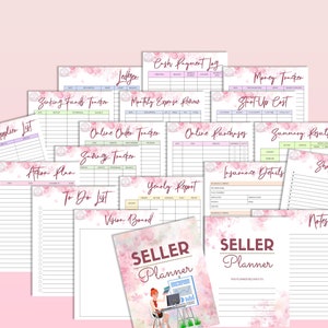 May include: A pink and white floral themed printable planner for sellers. The planner includes pages for tracking expenses, income, inventory, and more. The cover features the text "SELLER PLANNER".