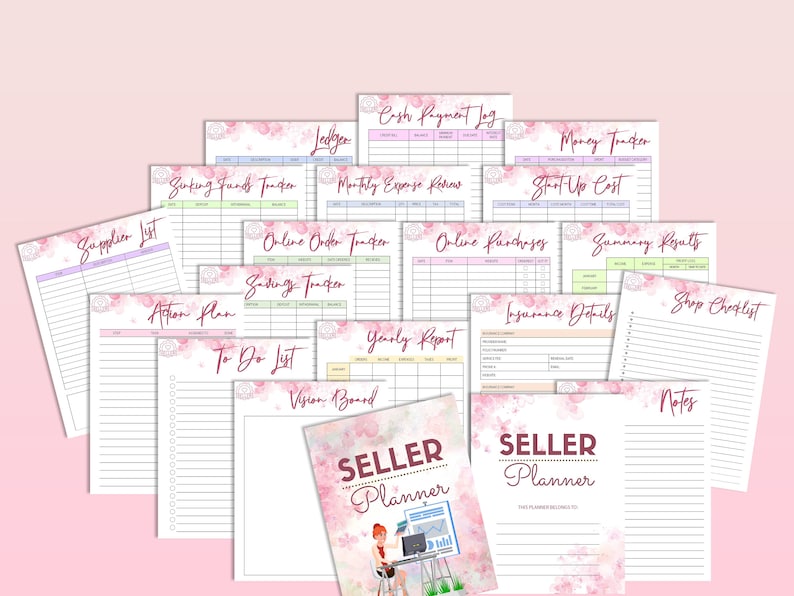 May include: A pink and white floral themed printable planner for sellers. The planner includes pages for tracking expenses, income, inventory, and more. The cover features the text "SELLER PLANNER".