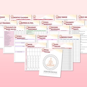 May include: A set of printable worksheets for self-reflection and personal growth. The worksheets include topics such as self-image, self-analysis, boundary assessment, stress management, gratitude, sleep tracking, and mood tracking. The worksheets are designed to help individuals explore their thoughts, feelings, and behaviors.