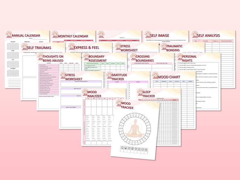 May include: A set of printable worksheets for self-reflection and personal growth. The worksheets include topics such as self-image, self-analysis, boundary assessment, stress management, gratitude, sleep tracking, and mood tracking. The worksheets are designed to help individuals explore their thoughts, feelings, and behaviors.