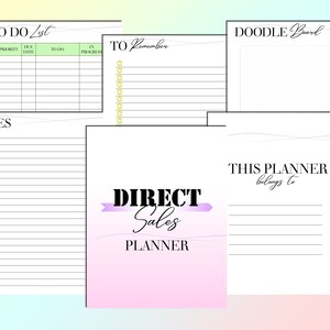 Puede incluir: Un planificador imprimible para profesionales de ventas directas. El planificador incluye secciones para listas de tareas, notas, cosas para recordar y un tablero para garabatear. El planificador est&aacute; dise&ntilde;ado con un fondo degradado rosa y morado y el texto "DIRECT Sales PLANNER" en negro.