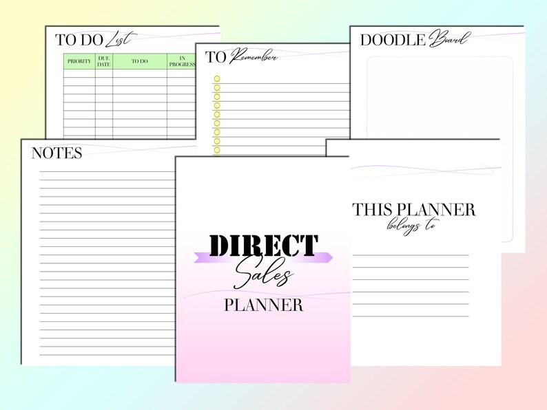 Puede incluir: Un planificador imprimible para profesionales de ventas directas. El planificador incluye secciones para listas de tareas, notas, cosas para recordar y un tablero para garabatear. El planificador est&aacute; dise&ntilde;ado con un fondo degradado rosa y morado y el texto "DIRECT Sales PLANNER" en negro.