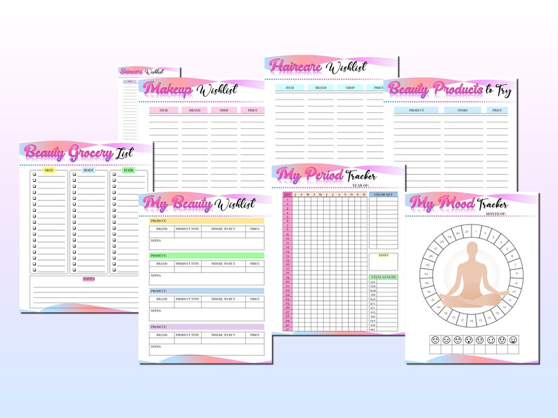 May include: A set of printable planner pages with a pink and blue watercolor background. The pages include a beauty grocery list, a makeup wishlist, a haircare wishlist, a beauty products to try list, a my beauty wishlist, a my period tracker, and a my mood tracker.