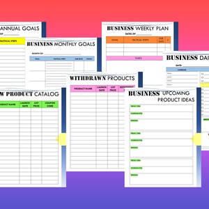 Puede incluir: Un conjunto de plantillas de planificaci&oacute;n empresarial imprimibles con encabezados para objetivos anuales, mensuales, semanales y diarios. Las plantillas incluyen secciones para objetivos, pasos t&aacute;cticos, tareas e ideas de productos.