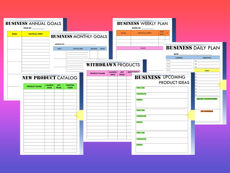 Puede incluir: Un conjunto de plantillas de planificaci&oacute;n empresarial imprimibles con encabezados para objetivos anuales, mensuales, semanales y diarios. Las plantillas incluyen secciones para objetivos, pasos t&aacute;cticos, tareas e ideas de productos.