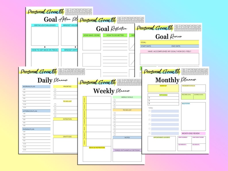 May include: A set of printable personal growth planner pages with colorful accents. The pages include sections for daily, weekly, and monthly planning, as well as goal setting and reflection.
