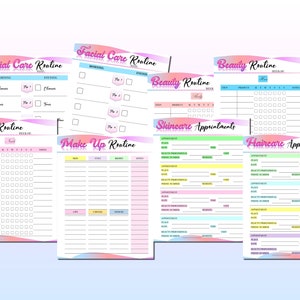 May include: A set of printable beauty routine planners with colorful pastel backgrounds. The planners include sections for facial care, makeup, skincare appointments, and haircare appointments.