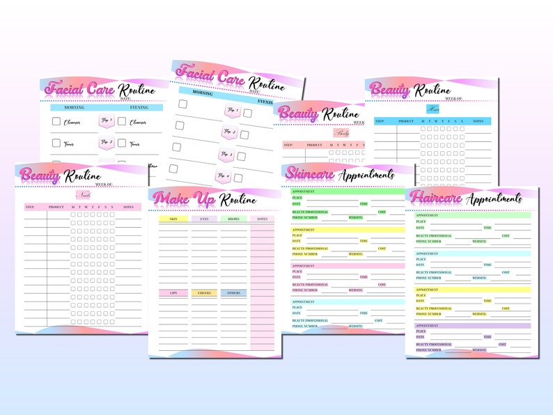 May include: A set of printable beauty routine planners with colorful pastel backgrounds. The planners include sections for facial care, makeup, skincare appointments, and haircare appointments.