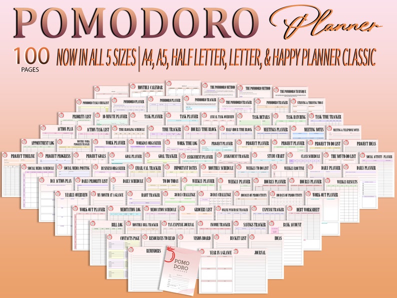 Pomodoro Planner Productivity Printable Study Session Time Tracker Task ...
