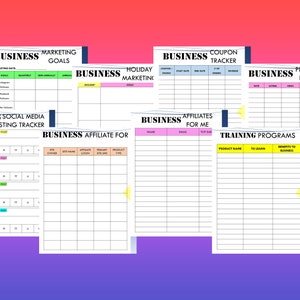 Puede incluir: Un conjunto de hojas de trabajo de planificaci&oacute;n empresarial imprimibles con t&iacute;tulos como "Objetivos de marketing", "Seguimiento de publicaciones en redes sociales", "Marketing de vacaciones", "Seguimiento de cupones", "Afiliados para m&iacute;", "Programas de capacitaci&oacute;n" y "Listados promocionados".