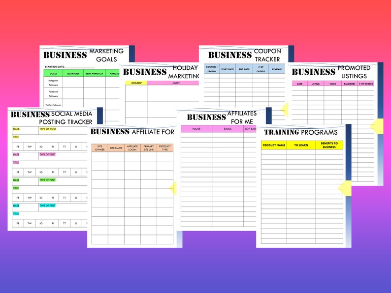 Puede incluir: Un conjunto de hojas de trabajo de planificaci&oacute;n empresarial imprimibles con t&iacute;tulos como "Objetivos de marketing", "Seguimiento de publicaciones en redes sociales", "Marketing de vacaciones", "Seguimiento de cupones", "Afiliados para m&iacute;", "Programas de capacitaci&oacute;n" y "Listados promocionados".