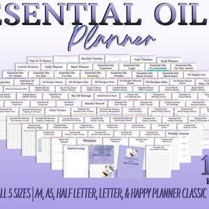 Op de afbeelding: Een paarse en witte printbare planner met de tekst "Essential Oils Planner" en "100 Pages". De planner bevat pagina's voor het bijhouden van het gebruik van etherische oliën, recepten, inventaris en bedrijfsinformatie. Hij is verkrijgbaar in vijf formaten: A4, A5, Half Letter, Letter en Happy Planner Classic.