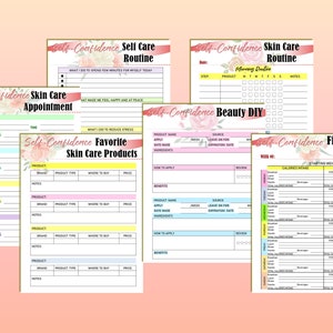 May include: A collection of colorful self-care and beauty planning sheets. The sheets include sections for daily routines, skin care appointments, favorite products, DIY beauty, and a fitness log. Each sheet has a floral design.