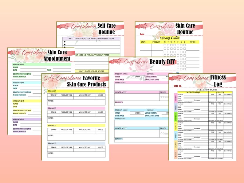 May include: A collection of colorful self-care and beauty planning sheets. The sheets include sections for daily routines, skin care appointments, favorite products, DIY beauty, and a fitness log. Each sheet has a floral design.