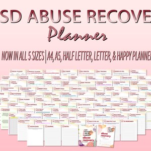 May include: A pink and white planner with the text "PTSD Abuse Recovery Planner" and "100 Pages" in a bold font. The planner is available in five sizes: A4, A5, Half Letter, Letter, and Happy Planner Classic. The planner includes pages for tracking sleep, mood, thoughts, boundaries, self-image, self-analysis, self-trauma, and more.