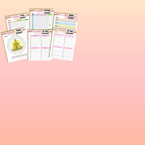May include: A collection of printable planner pages with floral accents. The pages include trackers for sleep, mood, period, habits, and favorites. The text "Self Confidence" is visible on the top of each page.