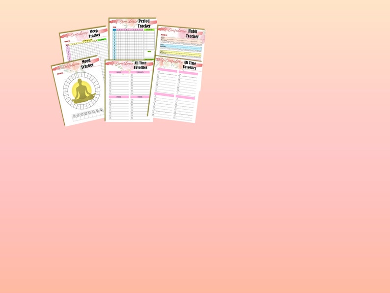May include: A collection of printable planner pages with floral accents. The pages include trackers for sleep, mood, period, habits, and favorites. The text "Self Confidence" is visible on the top of each page.