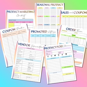 May include: A set of printable planner pages for Etsy sellers. The pages are colorfully designed with pastel pink, blue, and yellow accents. The pages include sections for product marketing, seasonal product planning, sales and coupons, promoted listings, vendor information, and product post planning.