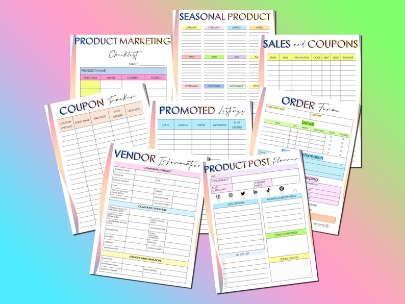 May include: A set of printable planner pages for Etsy sellers. The pages are colorfully designed with pastel pink, blue, and yellow accents. The pages include sections for product marketing, seasonal product planning, sales and coupons, promoted listings, vendor information, and product post planning.
