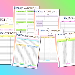 May include: A set of printable product planning and financial trackers. The trackers are designed to help you plan, track, and manage your product launches and finances. The trackers include sections for product marketing, product stats, sales, product finances, and savings.