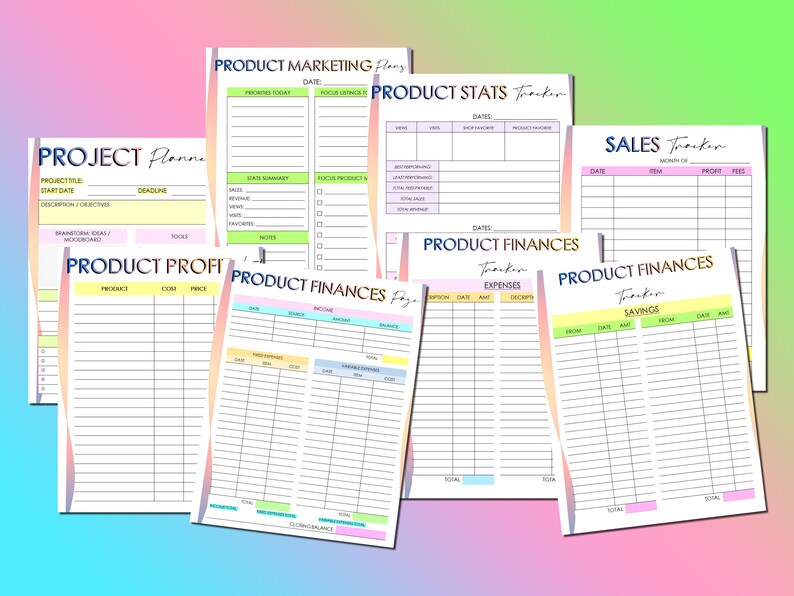 May include: A set of printable product planning and financial trackers. The trackers are designed to help you plan, track, and manage your product launches and finances. The trackers include sections for product marketing, product stats, sales, product finances, and savings.