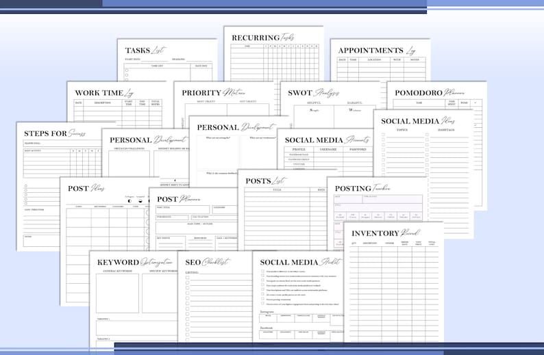 Puede incluir: Un conjunto de p&aacute;ginas de planificador imprimibles para organizar tareas, citas, redes sociales y desarrollo personal. Las p&aacute;ginas son en blanco y negro con un dise&ntilde;o minimalista.