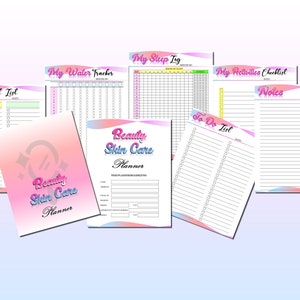 May include: A printable beauty skin care planner with a pink and blue gradient design. The planner includes pages for tracking water intake, sleep, activities, to-do lists, and notes.