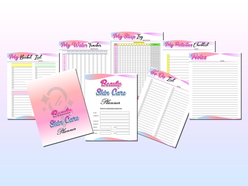 May include: A printable beauty skin care planner with a pink and blue gradient design. The planner includes pages for tracking water intake, sleep, activities, to-do lists, and notes.