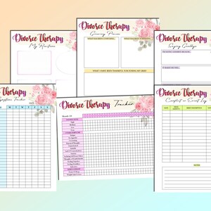 May include: A set of printable worksheets for divorce therapy. The worksheets are decorated with pink floral designs and include titles such as "Grieving Process", "Saying Goodbye", "Stress Symptom Tracker", "Conflict or Event Log", and "Tracker".
