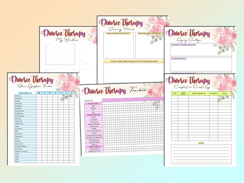 May include: A set of printable worksheets for divorce therapy. The worksheets are decorated with pink floral designs and include titles such as "Grieving Process", "Saying Goodbye", "Stress Symptom Tracker", "Conflict or Event Log", and "Tracker".