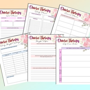 May include: A set of printable worksheets for divorce therapy. The worksheets include a goal planner, daily planner, survival planner, daily thought challenge, thought pattern, and self-care tracker. Each worksheet has a pink floral design.