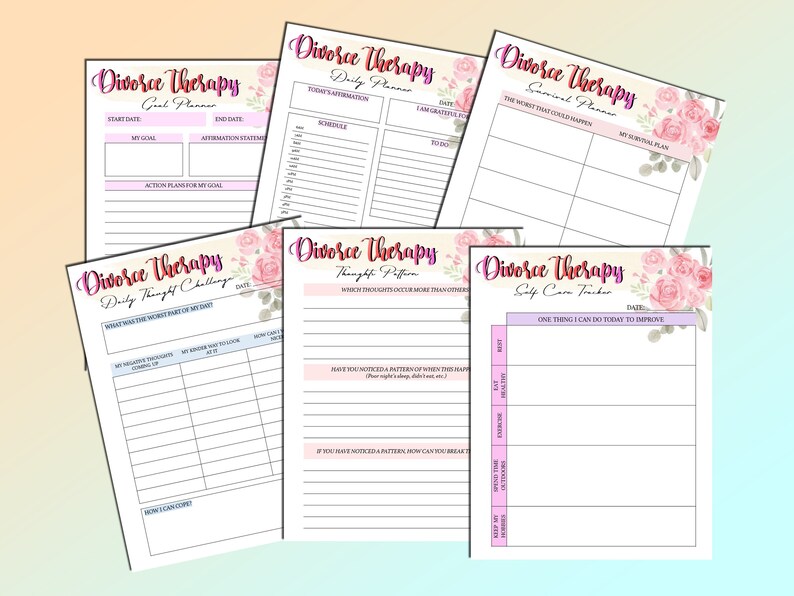 May include: A set of printable worksheets for divorce therapy. The worksheets include a goal planner, daily planner, survival planner, daily thought challenge, thought pattern, and self-care tracker. Each worksheet has a pink floral design.