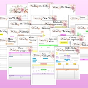 Op de afbeelding: Een set printbare checklists en werkbladen voor het plannen van een bruiloft met bloemmotieven. De pagina's bevatten secties voor "Bruiloft plannen", "Hoe we elkaar hebben ontmoet", "Het huwelijksaanzoek", "Onze bruiloftsdoelen", "Huwelijksaankondiging", "De bruid", "De bruidegom", "Menu Bruiloft plannen", "Receptie Menu Bruiloft plannen", "Bruidsjurk Leverancier", "Vergelijking van cateraars Bruiloft plannen", "Bruidsjurk Inspiratie Bruiloft plannen", "Informatie over de moeder van de bruid", "Perfecte bruidsjurk".