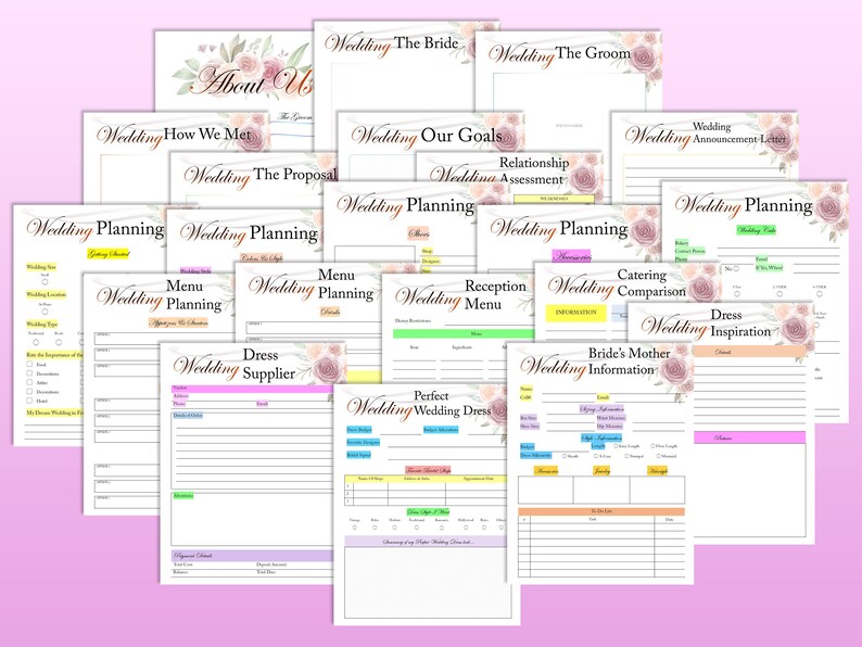 Op de afbeelding: Een set printbare checklists en werkbladen voor het plannen van een bruiloft met bloemmotieven. De pagina's bevatten secties voor "Bruiloft plannen", "Hoe we elkaar hebben ontmoet", "Het huwelijksaanzoek", "Onze bruiloftsdoelen", "Huwelijksaankondiging", "De bruid", "De bruidegom", "Menu Bruiloft plannen", "Receptie Menu Bruiloft plannen", "Bruidsjurk Leverancier", "Vergelijking van cateraars Bruiloft plannen", "Bruidsjurk Inspiratie Bruiloft plannen", "Informatie over de moeder van de bruid", "Perfecte bruidsjurk".
