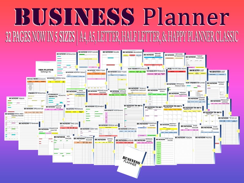 Puede incluir: Una colecci&oacute;n de 32 p&aacute;ginas de planificador de negocios imprimibles en cinco tama&ntilde;os: A4, A5, Carta, Media Carta y Happy Planner Classic. Las p&aacute;ginas est&aacute;n organizadas en categor&iacute;as como Informaci&oacute;n empresarial, Configuraci&oacute;n de la tienda, Valores empresariales, Marca empresarial, Junta de marca, Cuentas de redes sociales, Promoci&oacute;n de productos, y m&aacute;s. Las p&aacute;ginas est&aacute;n dise&ntilde;adas con una est&eacute;tica colorida y moderna.