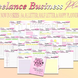 May include: A collection of 32 printable pages for a freelance business planner. The pages are organized into categories such as daily planner, monthly planner, goal planner, project planner, client list, vendor list, expense tracker, time tracker, and more. The pages are designed with a pink and green color scheme and feature the text "Freelance Business Planner".