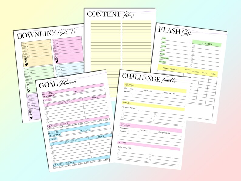Puede incluir: Un conjunto de p&aacute;ginas de planificador imprimibles con un dise&ntilde;o colorido. Las p&aacute;ginas incluyen secciones para la planificaci&oacute;n de objetivos, ideas de contenido, contactos de la l&iacute;nea descendente, seguimiento de desaf&iacute;os y ventas flash.