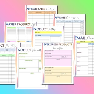 May include: A set of printable worksheets for tracking affiliate sales, commissions, product inventory, promotions, and email marketing. The worksheets are designed with a colorful gradient background and include sections for tracking product details, dates, sales, and revenue.