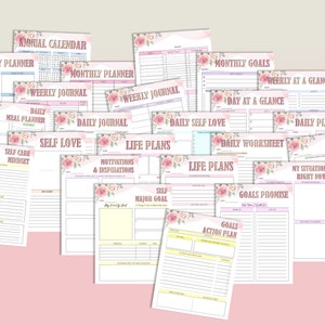 May include: A set of printable planner pages with floral designs. The pages include sections for daily, weekly, and monthly planning, as well as goal setting, self-care, and inspiration.