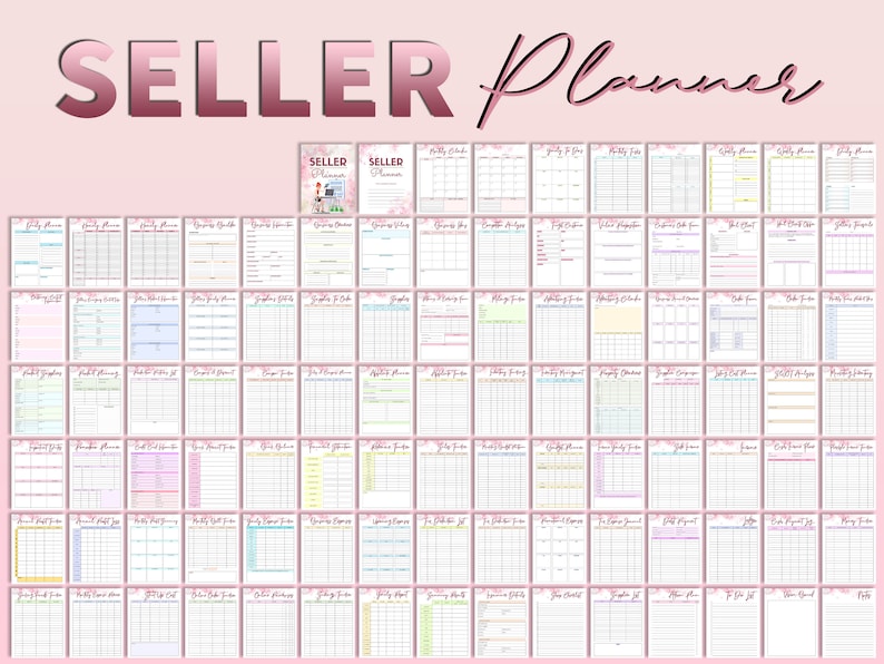 May include: A printable digital planner for Etsy sellers, featuring a pink and white floral design. The planner includes pages for daily tasks, monthly goals, inventory tracking, and more.