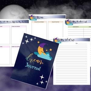 Puede incluir: Un conjunto de p&aacute;ginas de diario imprimibles con un tema de luna y estrellas. Las p&aacute;ginas incluyen secciones para "C&oacute;mo la luna afecta mis sue&ntilde;os", "Sue&ntilde;o", "Mi lista de deseos" y "Mi vida ideal".