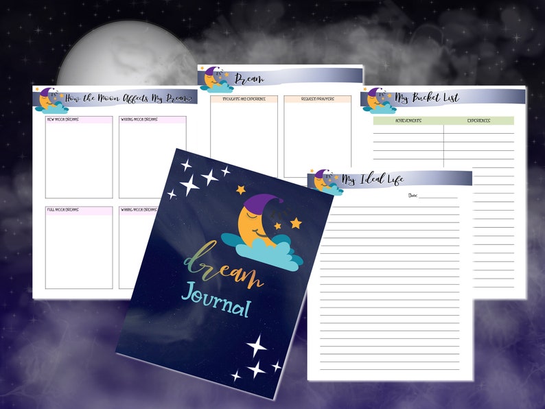 Puede incluir: Un conjunto de p&aacute;ginas de diario imprimibles con un tema de luna y estrellas. Las p&aacute;ginas incluyen secciones para "C&oacute;mo la luna afecta mis sue&ntilde;os", "Sue&ntilde;o", "Mi lista de deseos" y "Mi vida ideal".