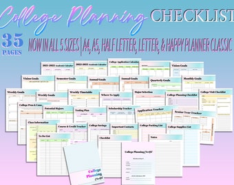 Puede incluir: Un collage de 35 páginas imprimibles para la planificación universitaria. Las páginas están organizadas en categorías como objetivos de visión, objetivos anuales, objetivos semanales, ventajas y desventajas de la universidad, posibles especializaciones, plan de pruebas, información de la clase, seguimiento de cursos y créditos, ahorros universitarios, contactos importantes, lista de empaque para la universidad, lista de suministros universitarios, lista de verificación de planificación universitaria, seguimiento del último año y lista de verificación de visitas universitarias. Las páginas están diseñadas con un esquema de color pastel y presentan una variedad de listas de verificación, calendarios y rastreadores.